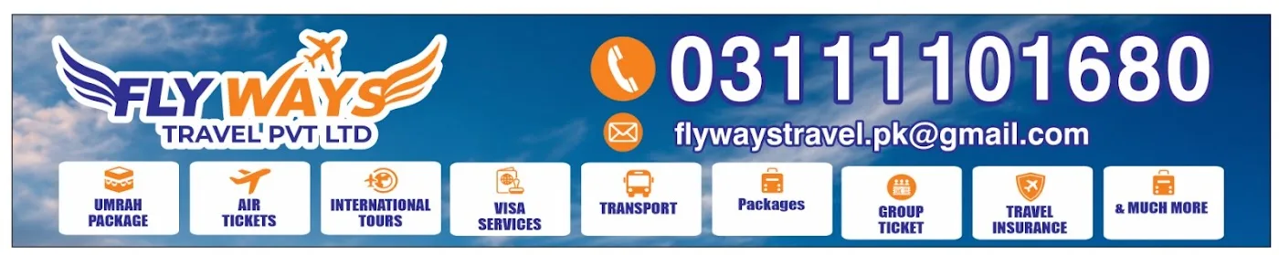 Fly Ways Travel banner: Umrah package, air tickets, international tours, visa services, transport, packages, group ticket, travel insurance